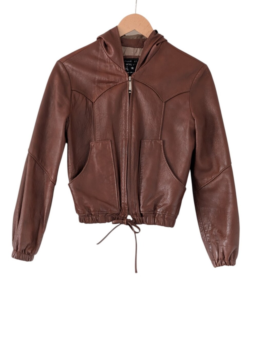 Vintage 70s Mexican Leather Hooded Bomber Jacket Size 7/8 Jrs/Womens XXS/Kids L